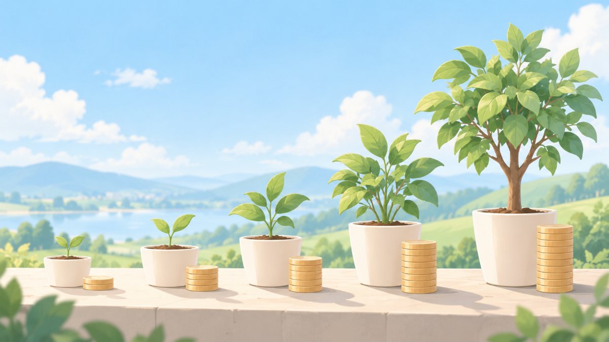 芽から木へ育つ植物と積み重なるコインのイラスト